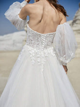 Beige Tulle Wedding Dresses With Long Puffy Sleeves Champagne Lining Elegant High Slit Bridal Gown With Lace Lace Up Back With Train